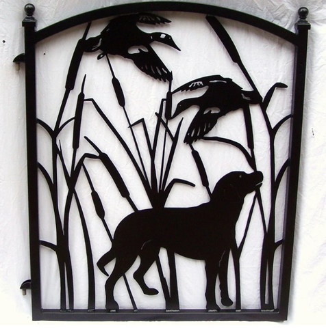 Garden Gate With Labrador Dog and Ducks