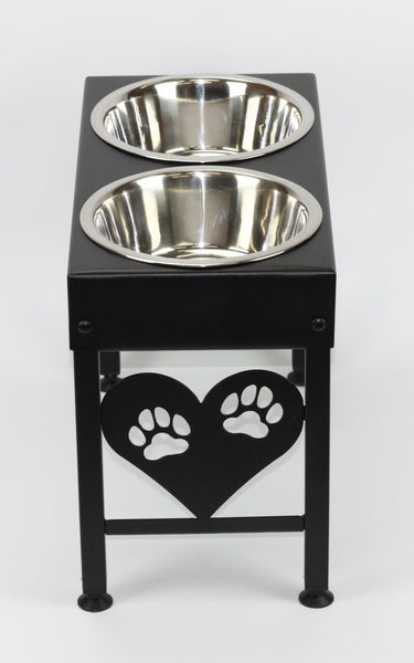 Elevated large breed double bowl dog feeder powdercoated steel paw prints on heart