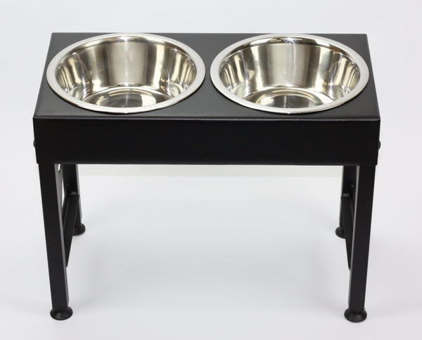 Elevated large breed double bowl dog feeder powdercoated steel paw prints on heart