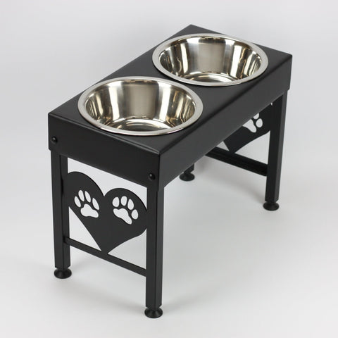 Elevated large breed double bowl dog feeder powdercoated steel paw prints on heart