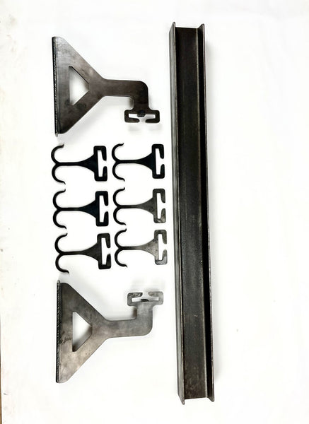 Wall mount steel beam pot and pan holder showing individual parts