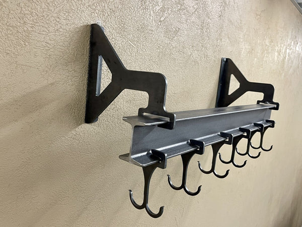 Wall Mount Industrial Steel I Beam Pot Rack Heavy Duty Double Sliding Pan Hooks Kitchen Utensil Storage