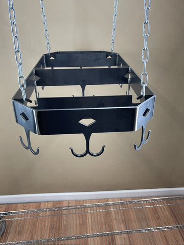 Hanging Pot Rack-Ceiling Mount Kitchen Storage-Heavy Steel Pan & Utensil Holder-Double Hooks