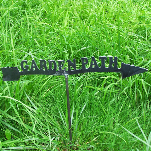 Garden Path Whimsical Sign Metal Art Yard Stake Rustic Iron Steel Image 1